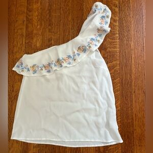 One Shoulder White Top with embroidered pink and blue flowers